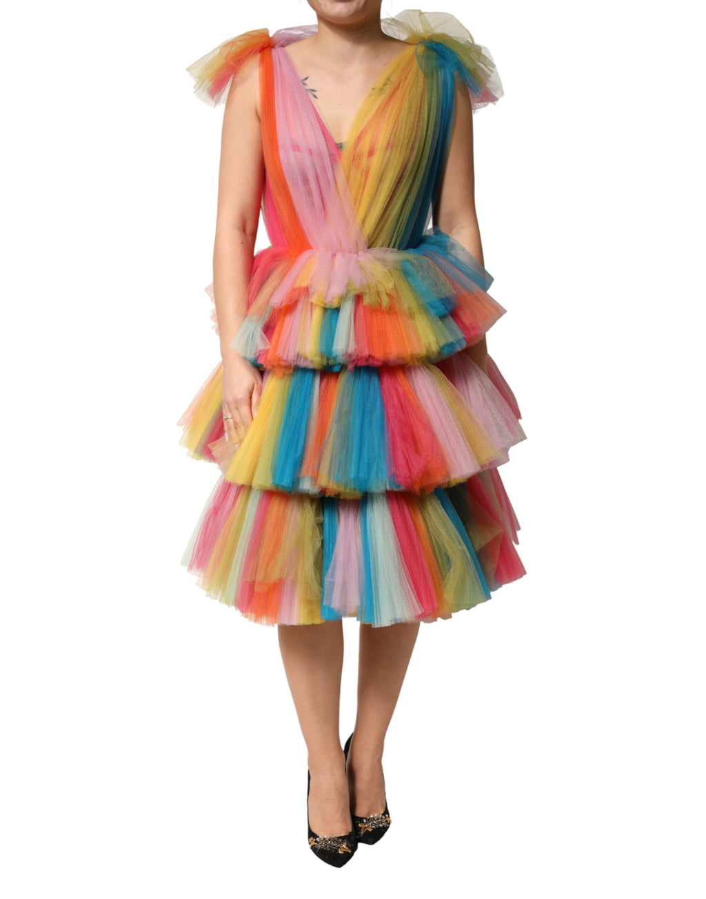 Dolce & Gabbana Mehrfarbiges Midikleid aus Nylon-Tüll mit Volants