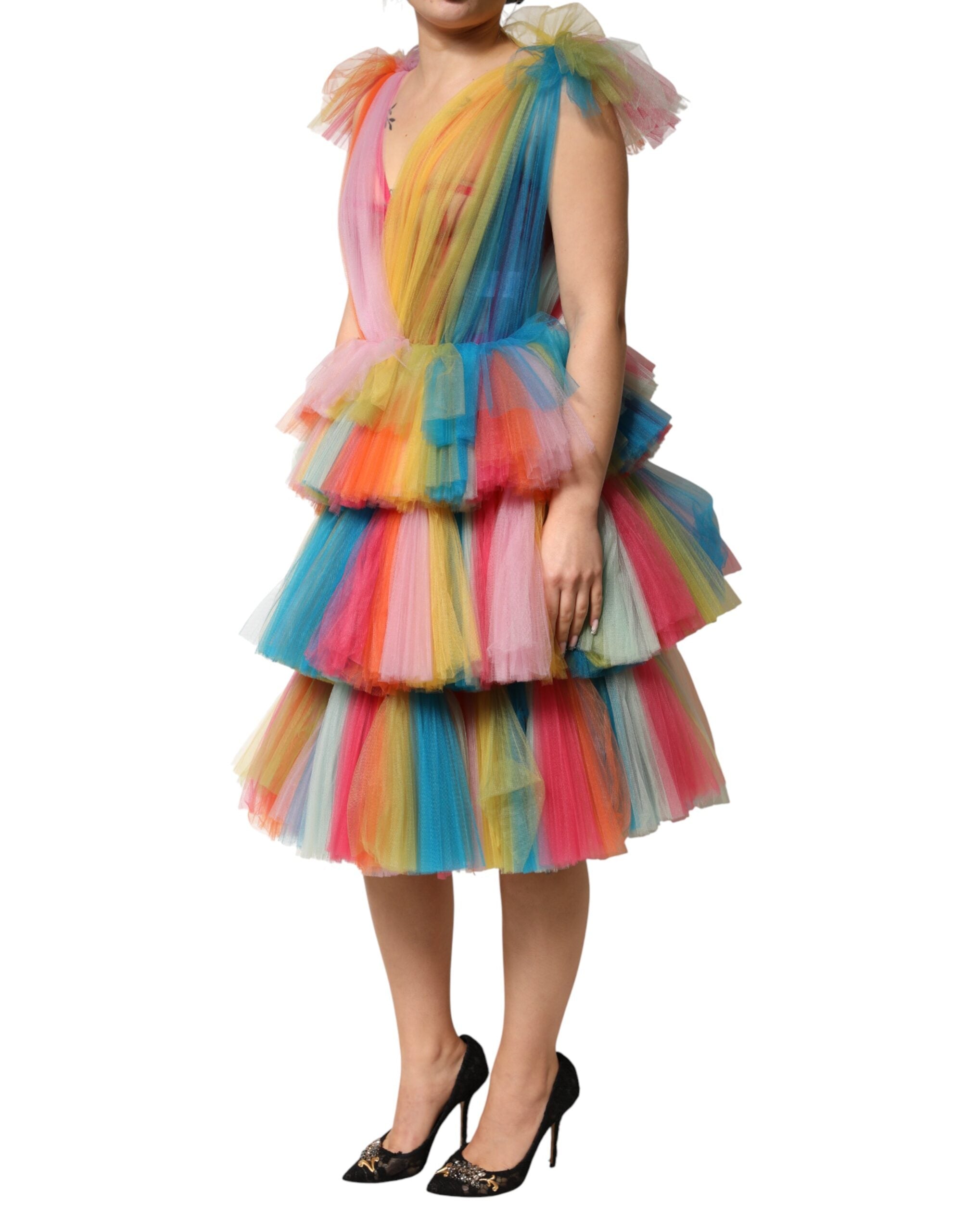 Dolce & Gabbana Multicolor Ruffled Nylon Tulle Midi Dress