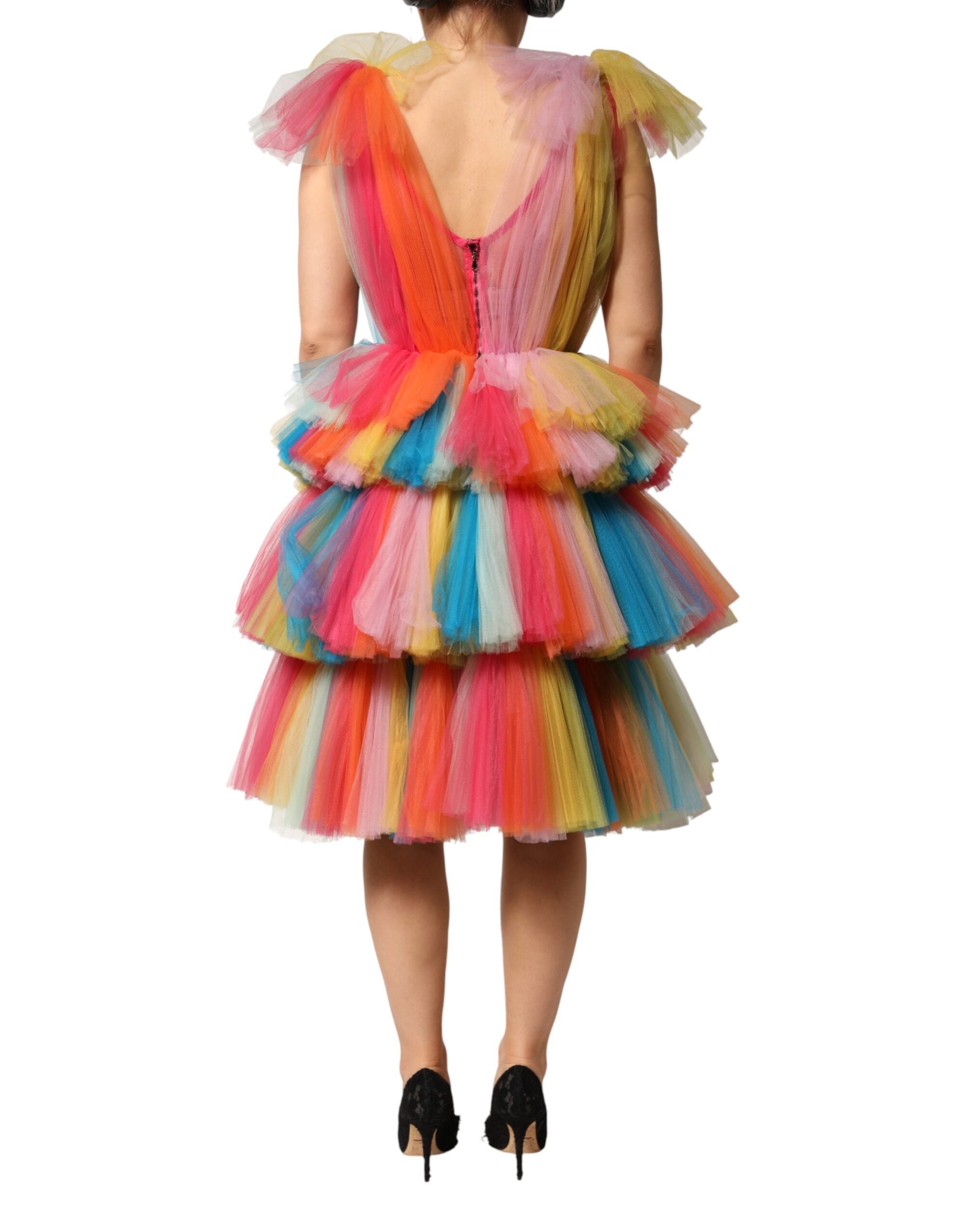 Dolce & Gabbana Multicolor Ruffled Nylon Tulle Midi Dress
