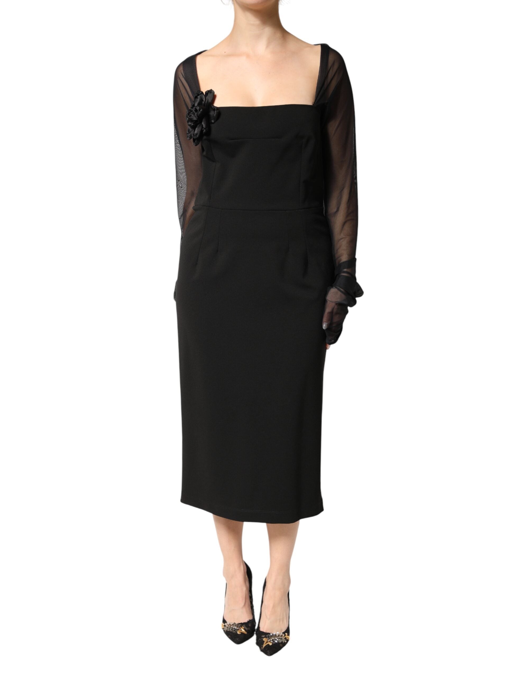 Dolce & Gabbana Black Midi Sheath Dress with Transparent Insert and Rosette Appliqué