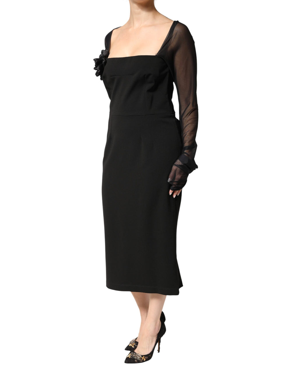 Dolce & Gabbana Black Midi Sheath Dress with Transparent Insert and Rosette Appliqué