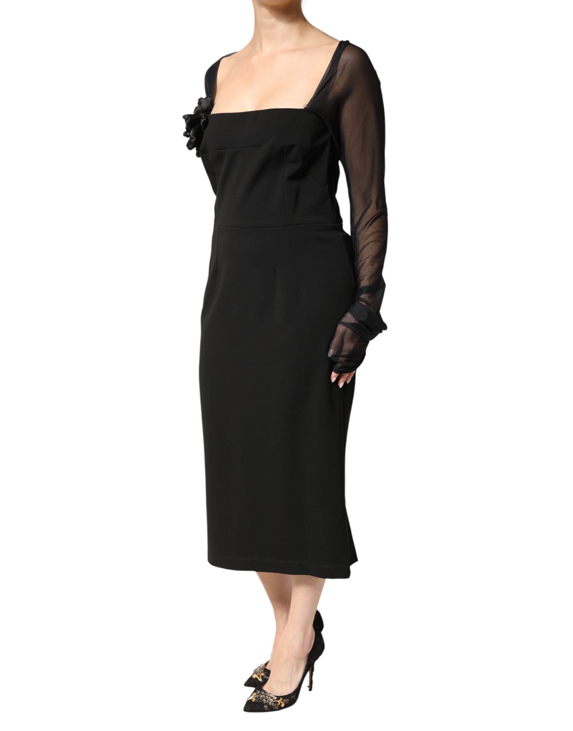 Dolce & Gabbana Black Midi Sheath Dress with Transparent Insert and Rosette Appliqué
