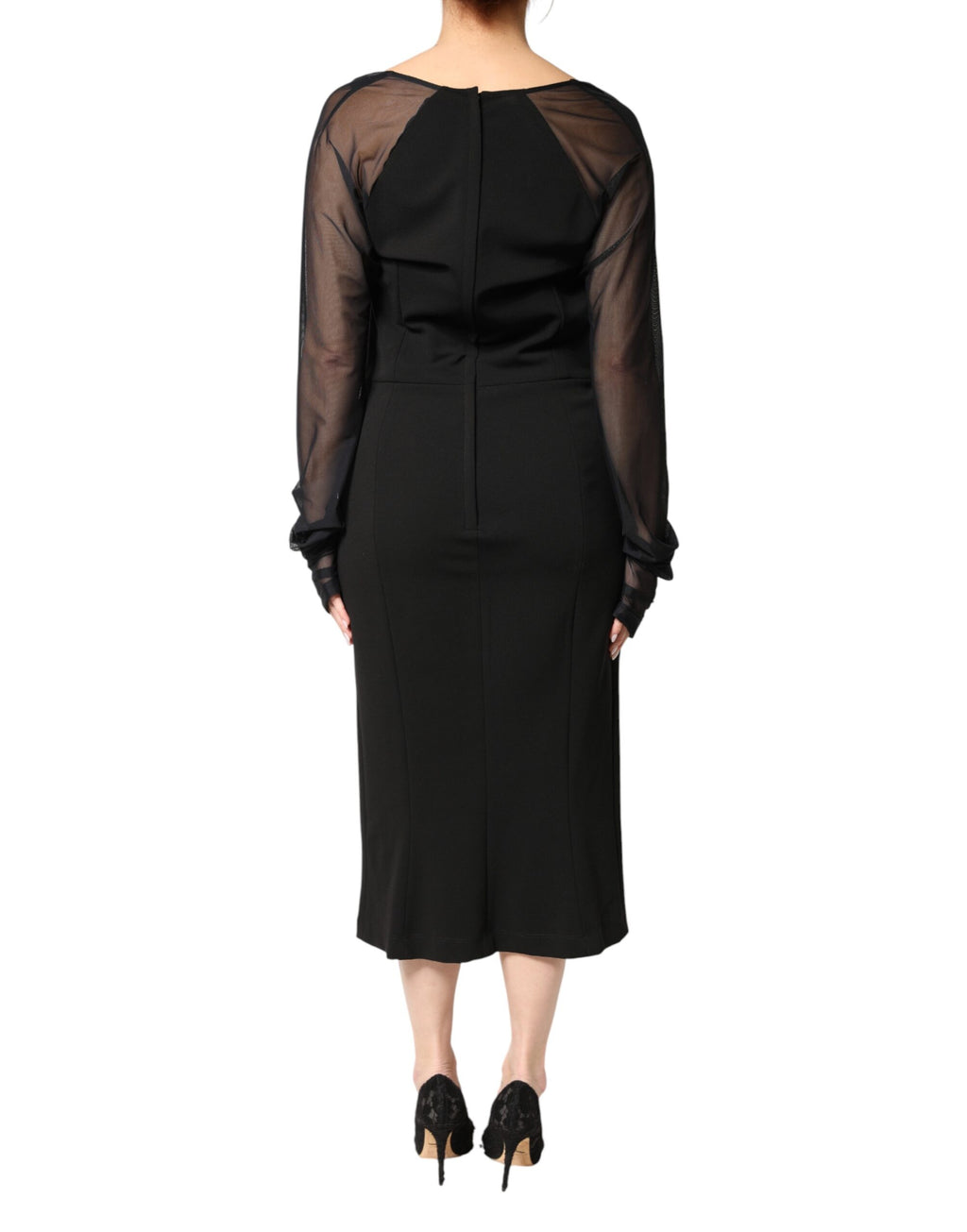 Dolce & Gabbana Black Midi Sheath Dress with Transparent Insert and Rosette Appliqué