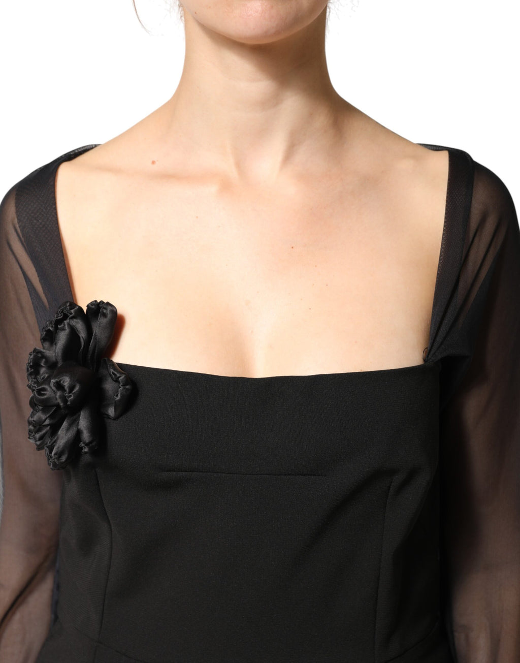 Dolce & Gabbana Black Midi Sheath Dress with Transparent Insert and Rosette Appliqué