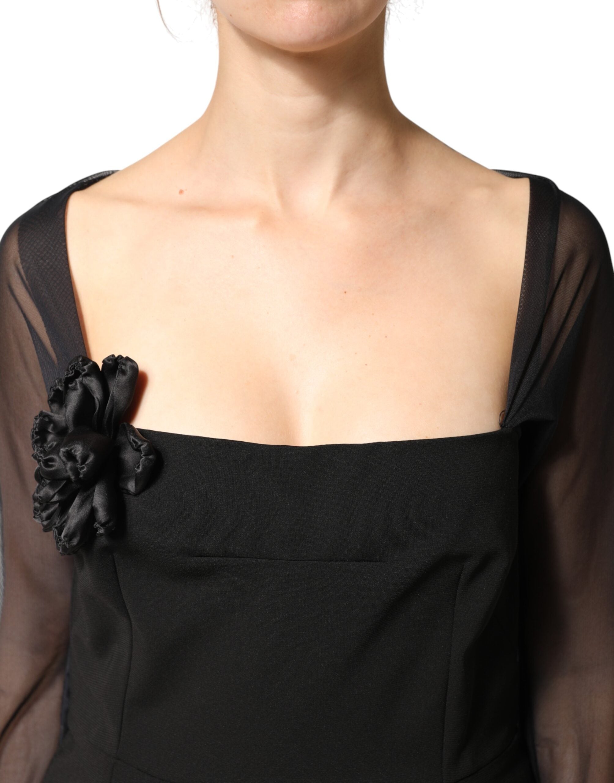 Dolce & Gabbana Black Midi Sheath Dress with Transparent Insert and Rosette Appliqué