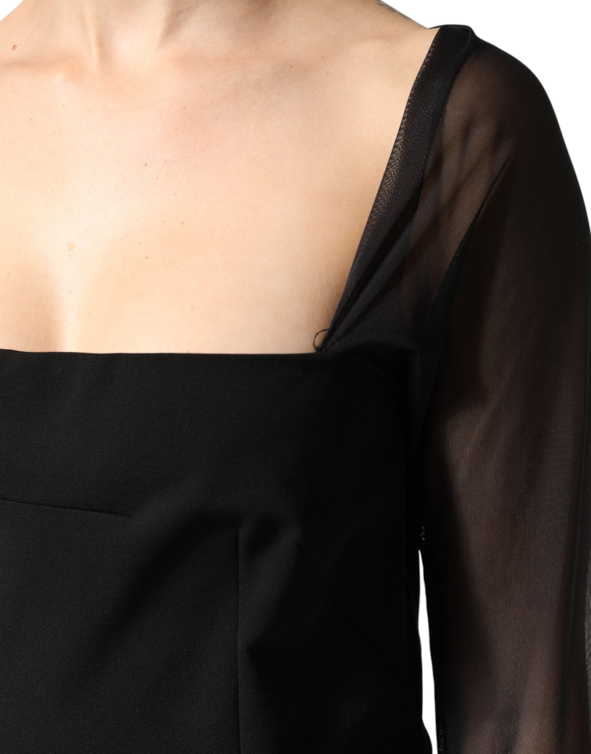 Dolce & Gabbana Black Midi Sheath Dress with Transparent Insert and Rosette Appliqué