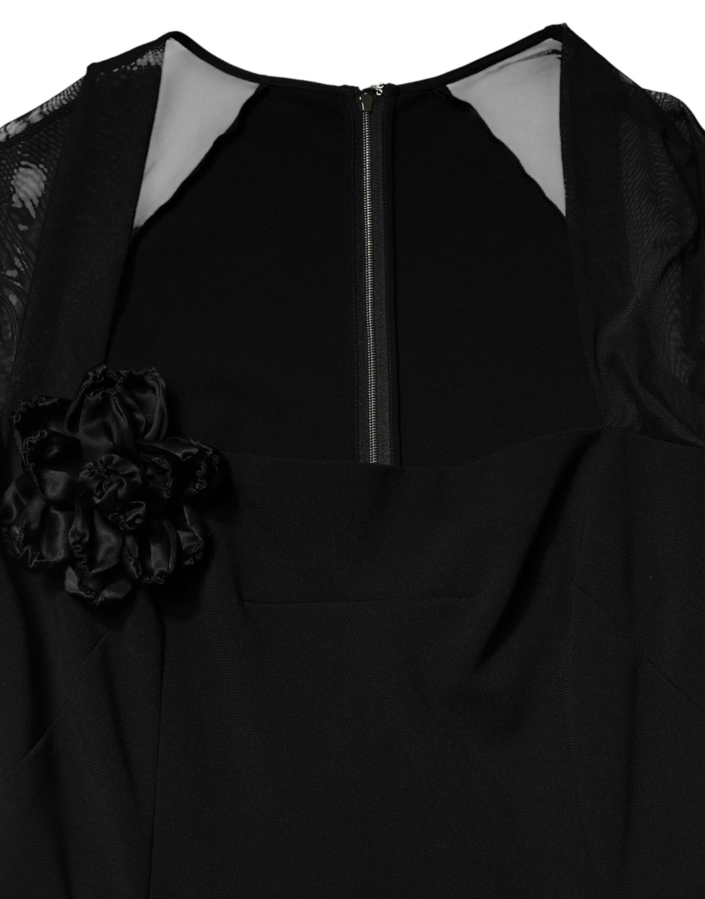Dolce & Gabbana Black Midi Sheath Dress with Transparent Insert and Rosette Appliqué