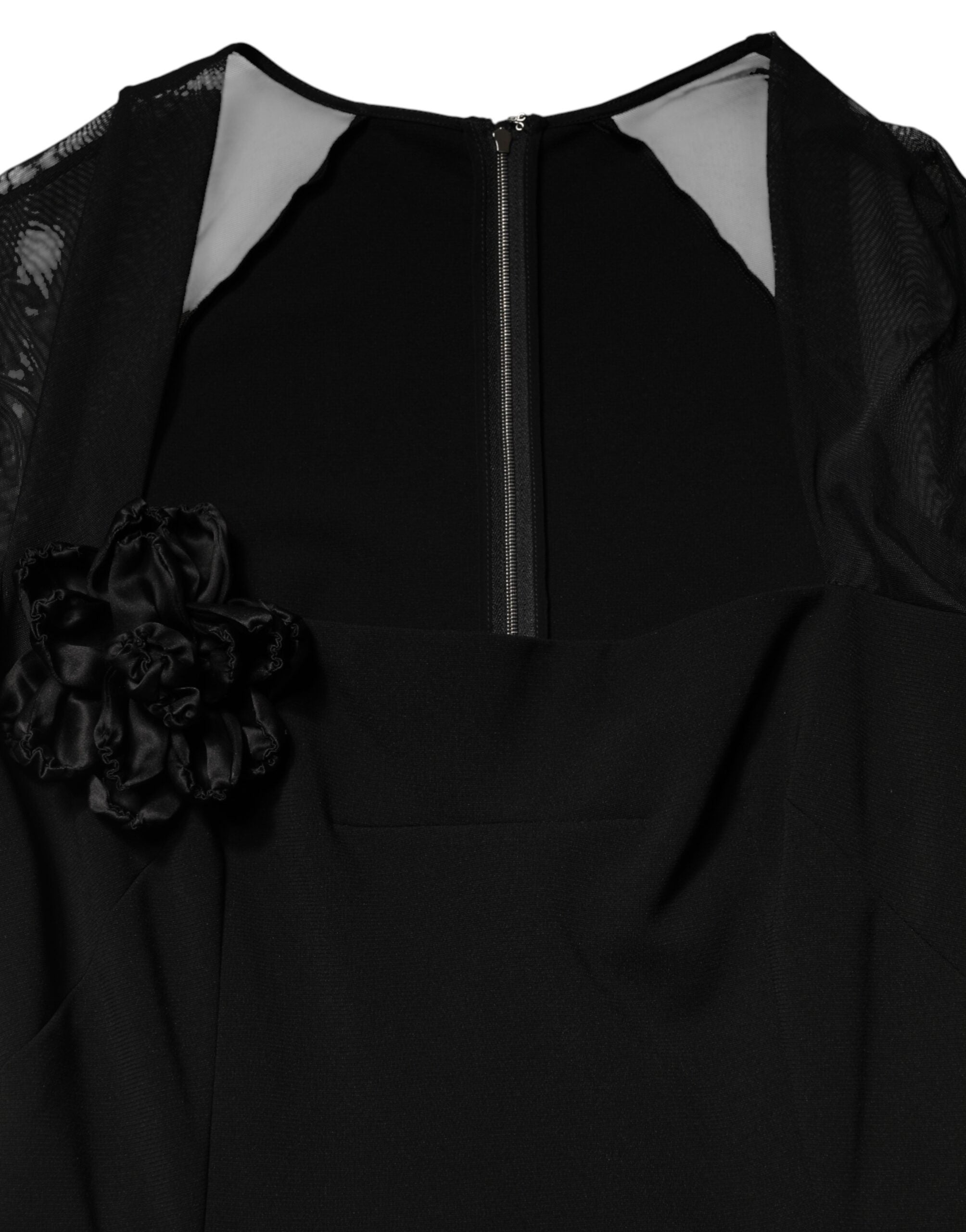Dolce & Gabbana Black Midi Sheath Dress with Transparent Insert and Rosette Appliqué