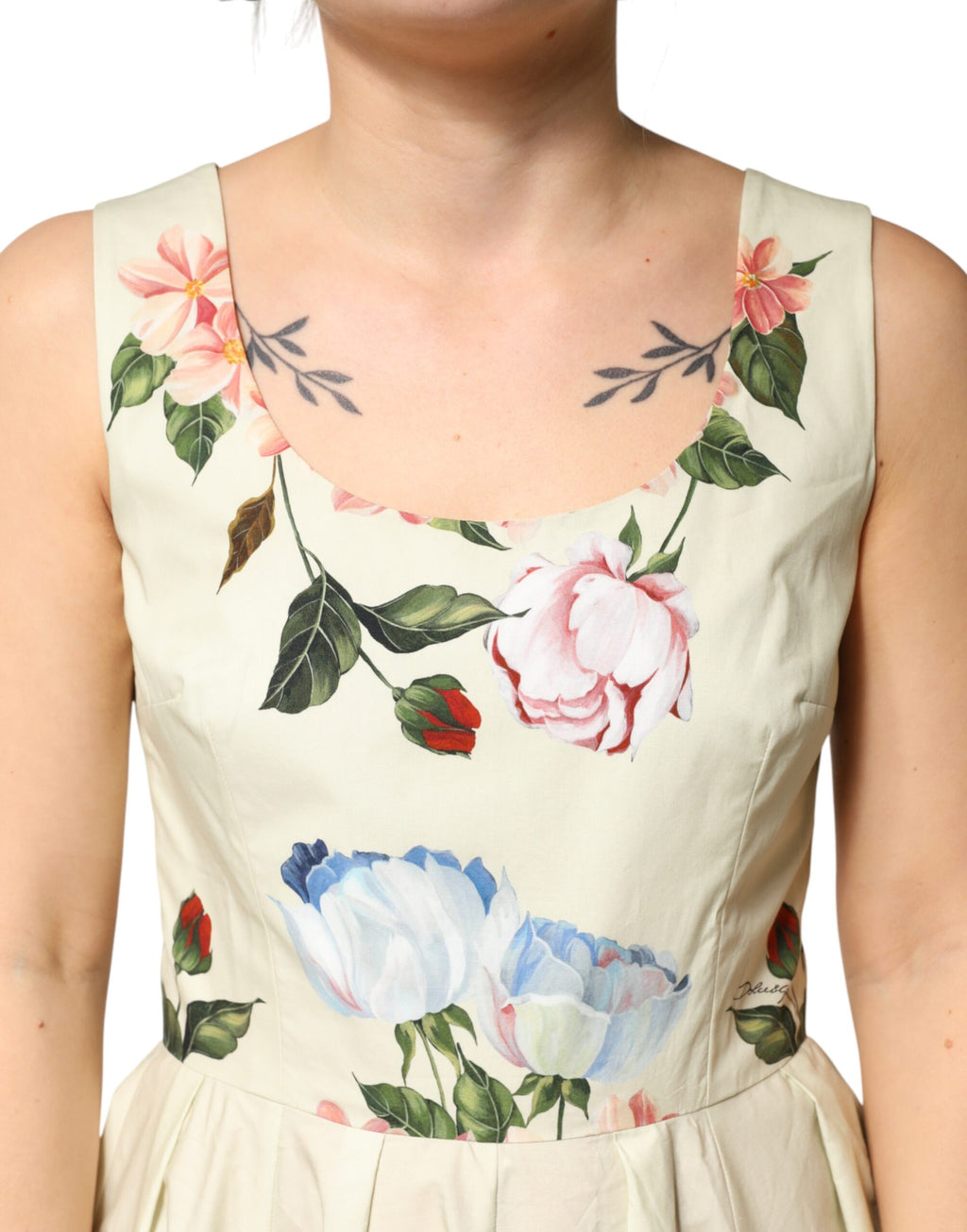 Dolce & Gabbana Ärmelloses A-Linien-Kleid in Beige mit Blumenprint