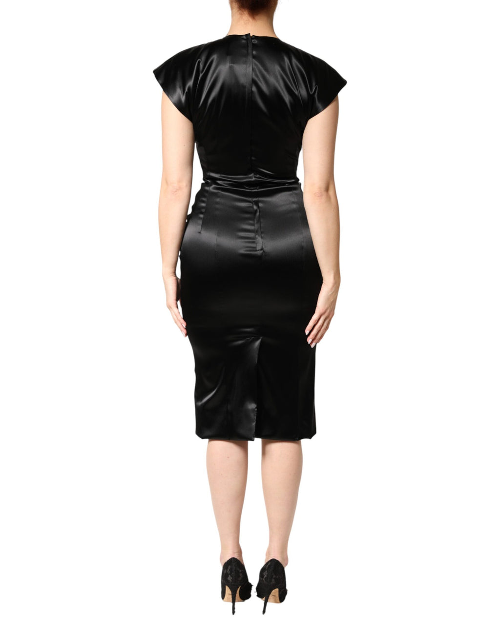 Dolce & Gabbana Schwarzes Etuikleid aus Satin mit kurzen Ärmeln, Midi-Länge