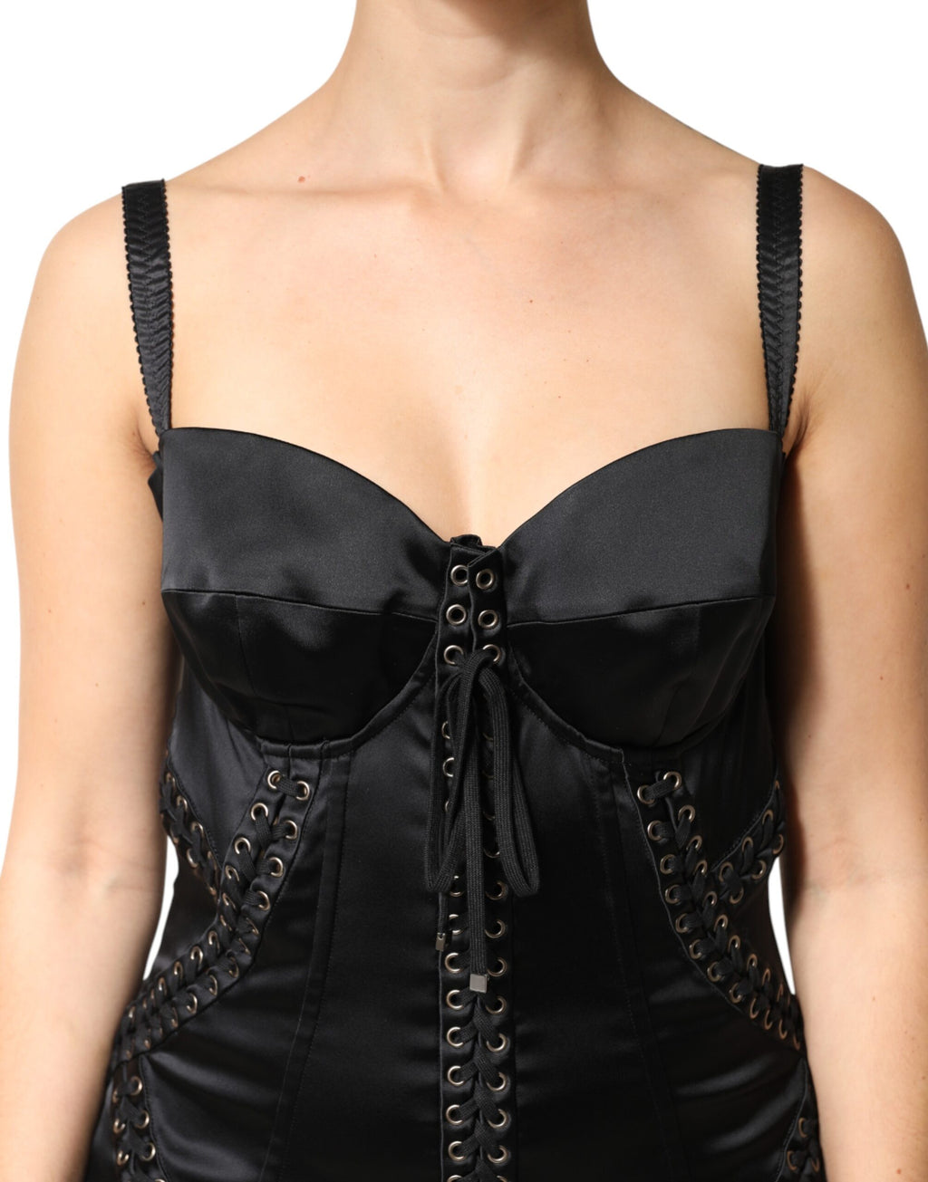 Dolce & Gabbana Black Mini Dress in Satin and Acetate with Lace Details