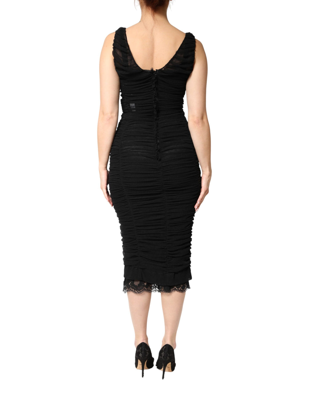 Dolce & Gabbana Schwarzes Midi-Kleid mit V-Ausschnitt, Raffungen und Spitzenbesatz