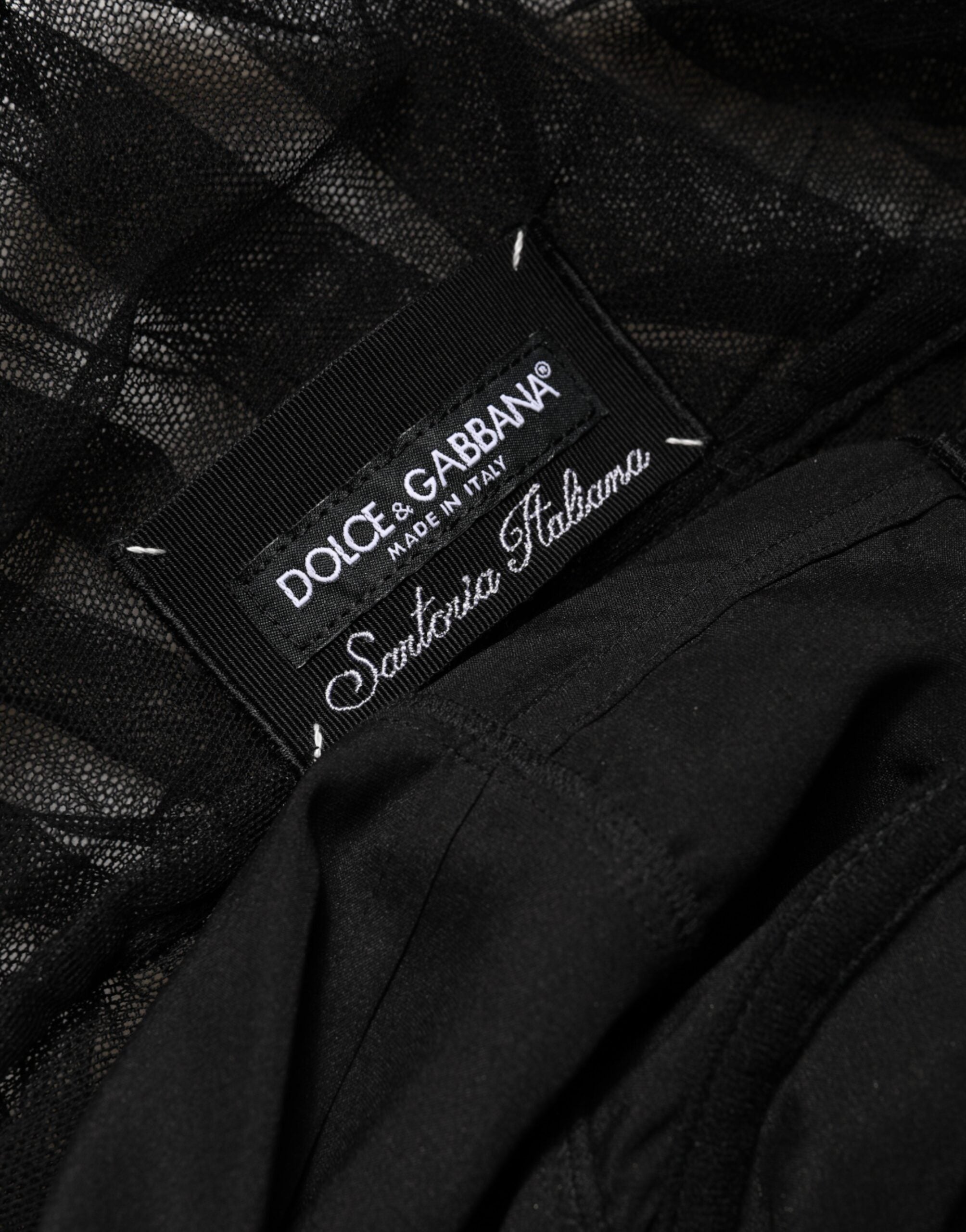 Dolce & Gabbana Schwarzes Midi-Kleid mit V-Ausschnitt, Raffungen und Spitzenbesatz