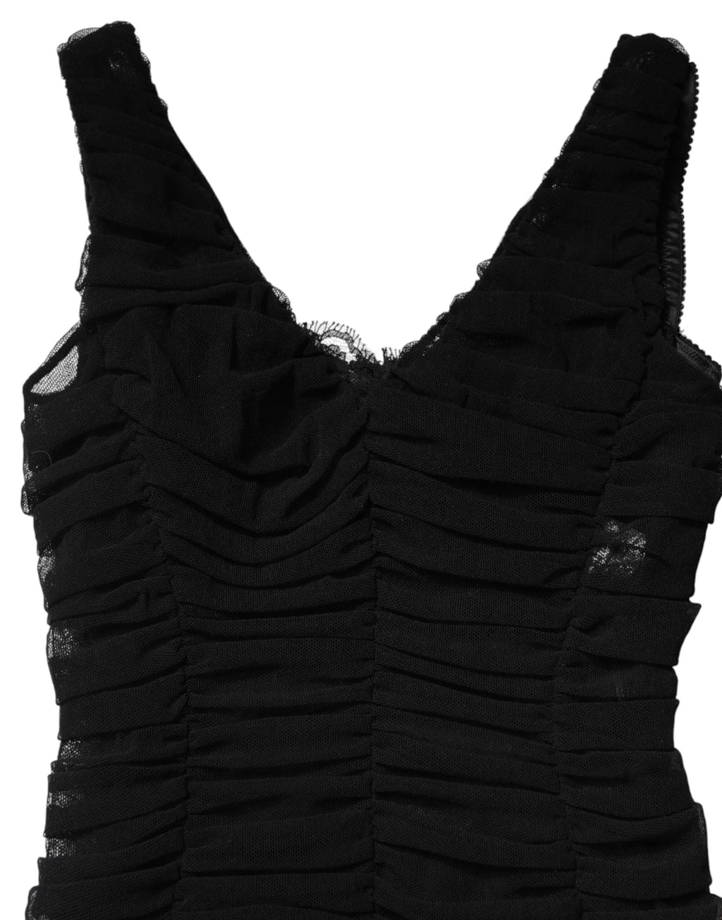 Dolce & Gabbana Schwarzes Midi-Kleid mit V-Ausschnitt, Raffungen und Spitzenbesatz