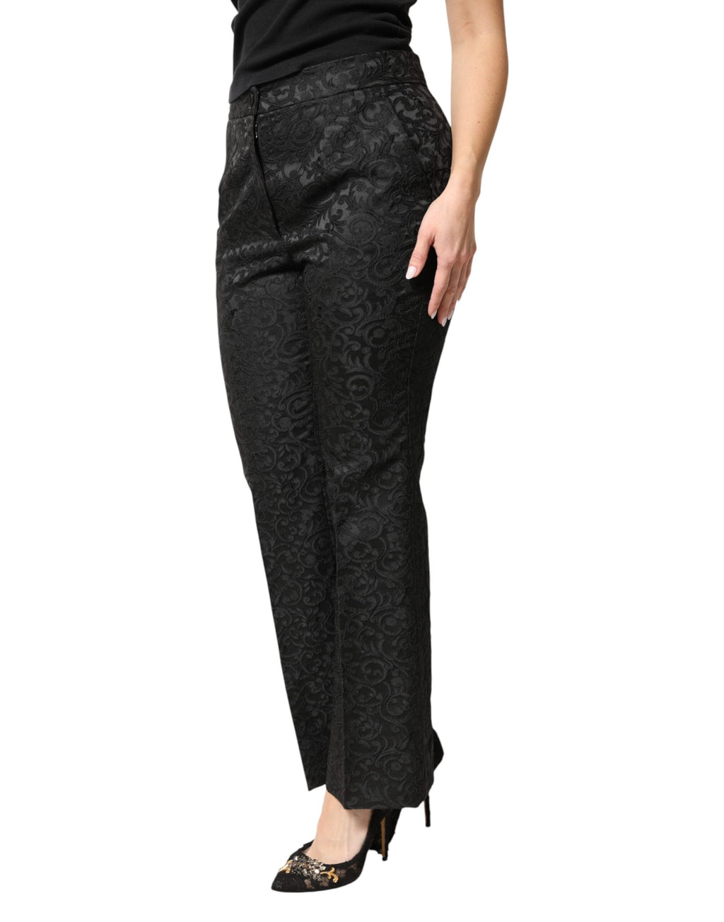 Dolce & Gabbana Black High-Waisted Floral Brocade Trousers