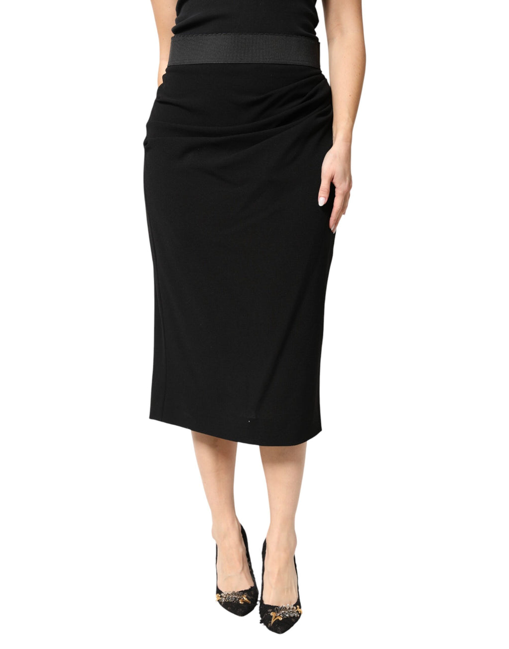 Dolce & Gabbana Schwarzer Woll-Bleistiftrock mit hoher Taille und Midi-Länge