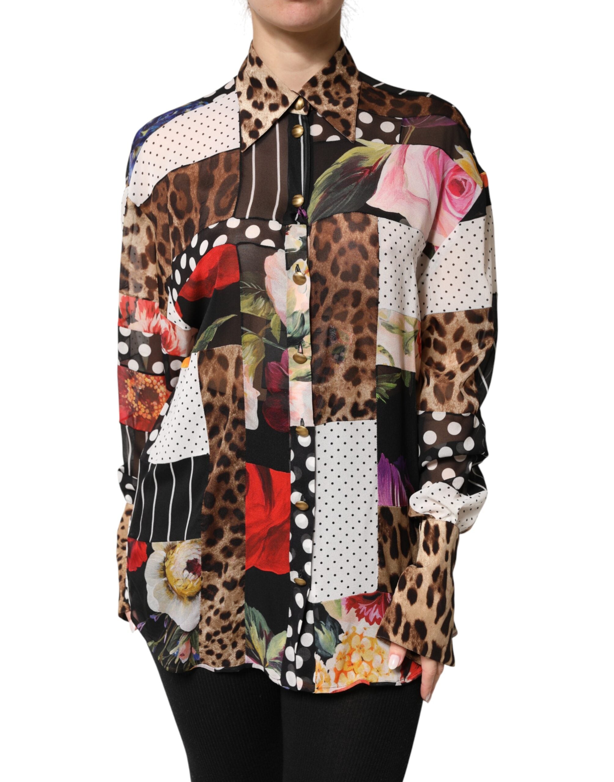 Dolce & Gabbana Multicolor Patchwork Collared Silk Blouse