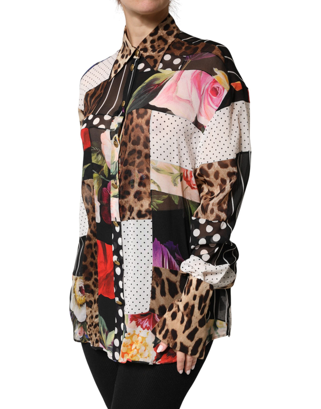 Dolce & Gabbana Multicolor Patchwork Collared Silk Blouse