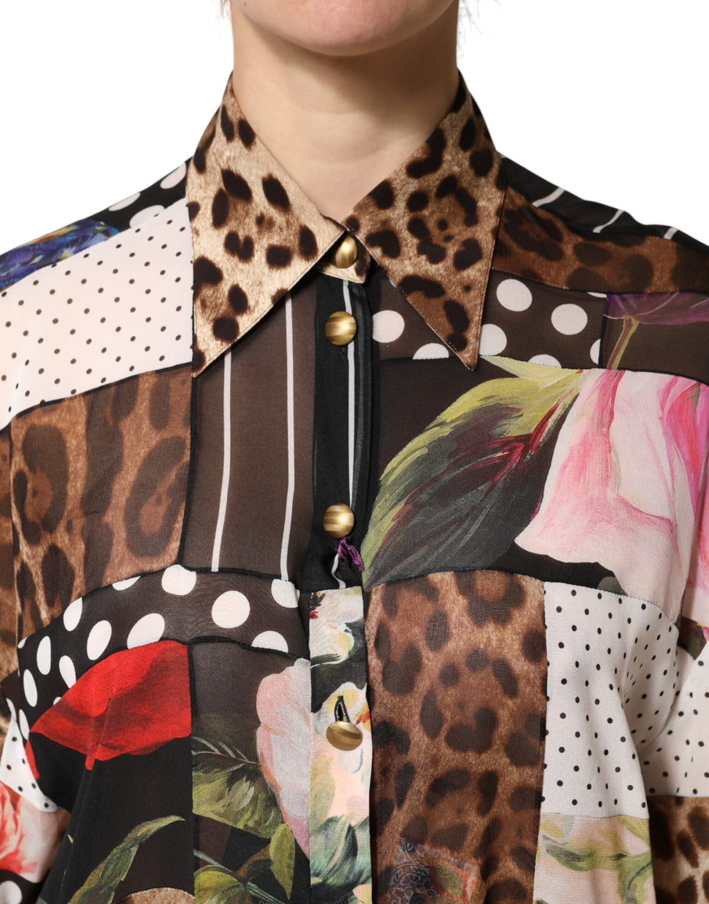 Dolce & Gabbana Multicolor Patchwork Collared Silk Blouse