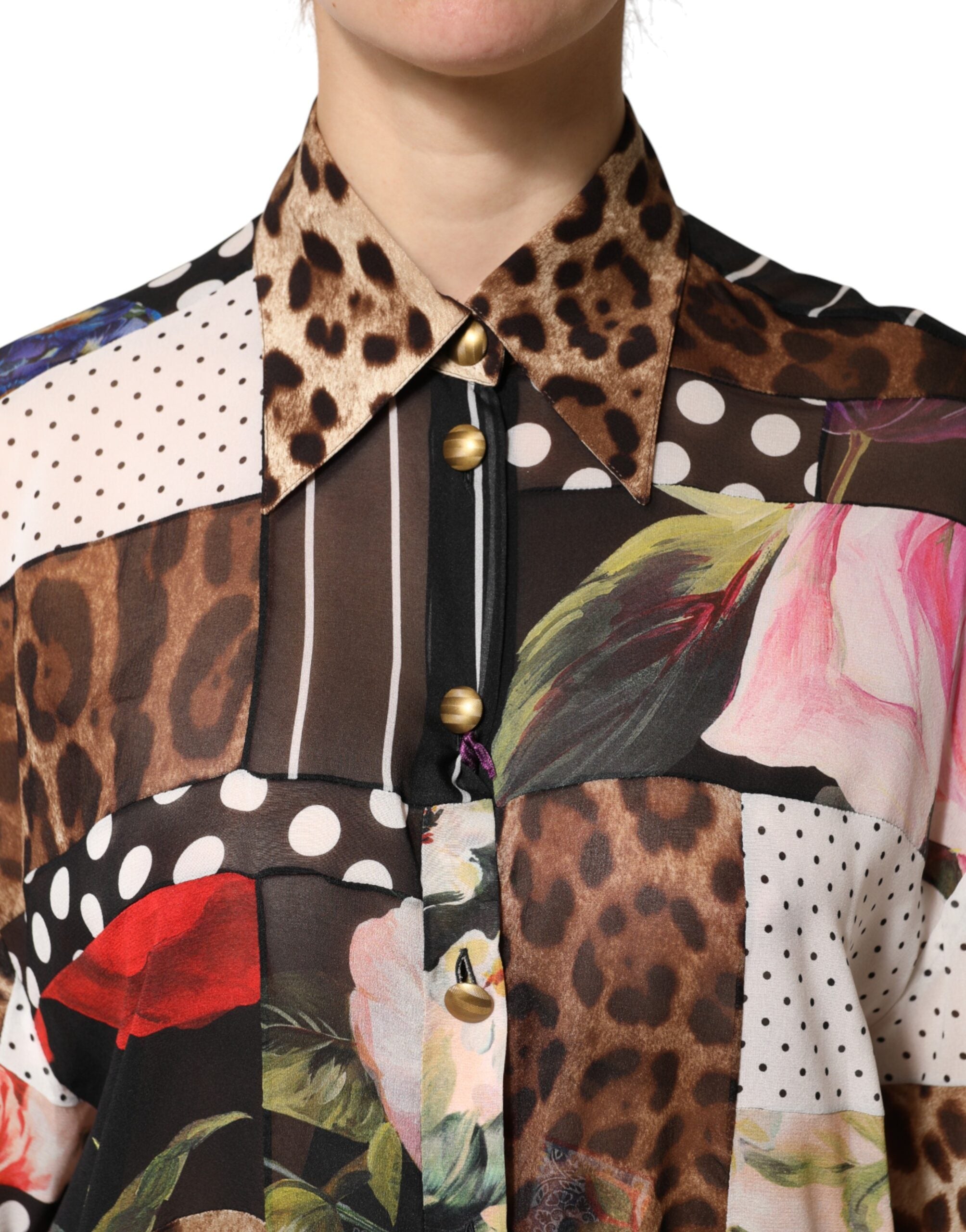Dolce & Gabbana Multicolor Patchwork Collared Silk Blouse