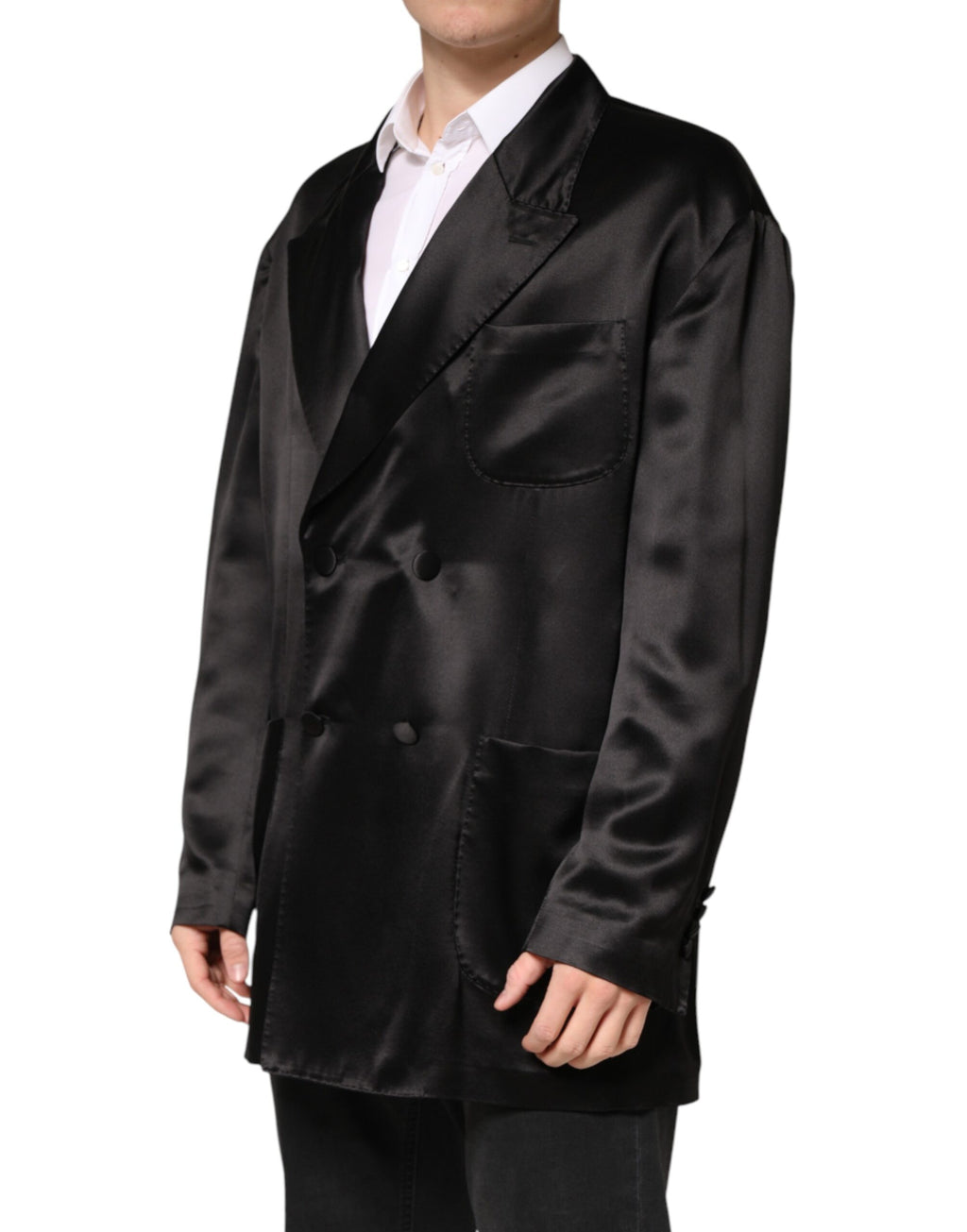 Dolce & Gabbana Schwarzer Seiden-Zweireiher-Blazer mit 2 Knöpfen
