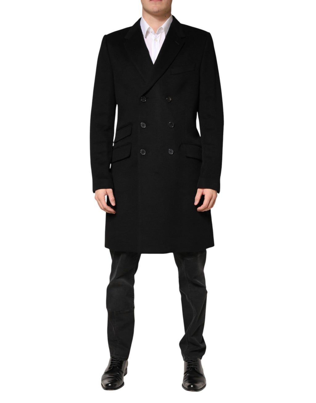 Dolce & Gabbana Schwarzer Woll-Trenchcoat mit doppelreihiger Knopfleiste