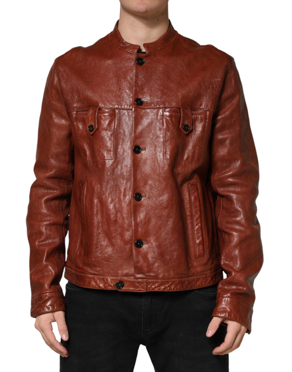Dolce & Gabbana Braune Leder-Bikerjacke mit Knopfleiste für Herren