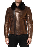 Dolce & Gabbana Herren-Bikerjacke aus Bronze-Leder mit Pelzfutter und durchgehendem Reißverschluss