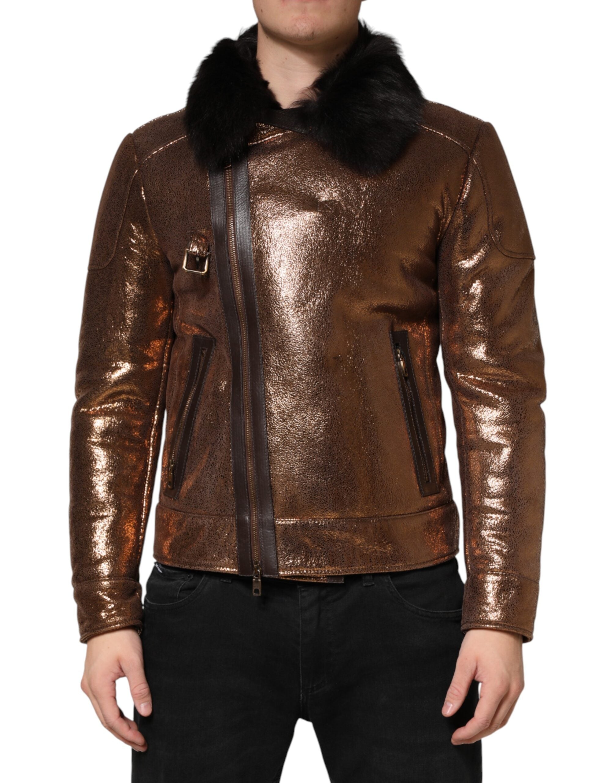 Dolce & Gabbana Herren-Bikerjacke aus Bronze-Leder mit Pelzfutter und durchgehendem Reißverschluss