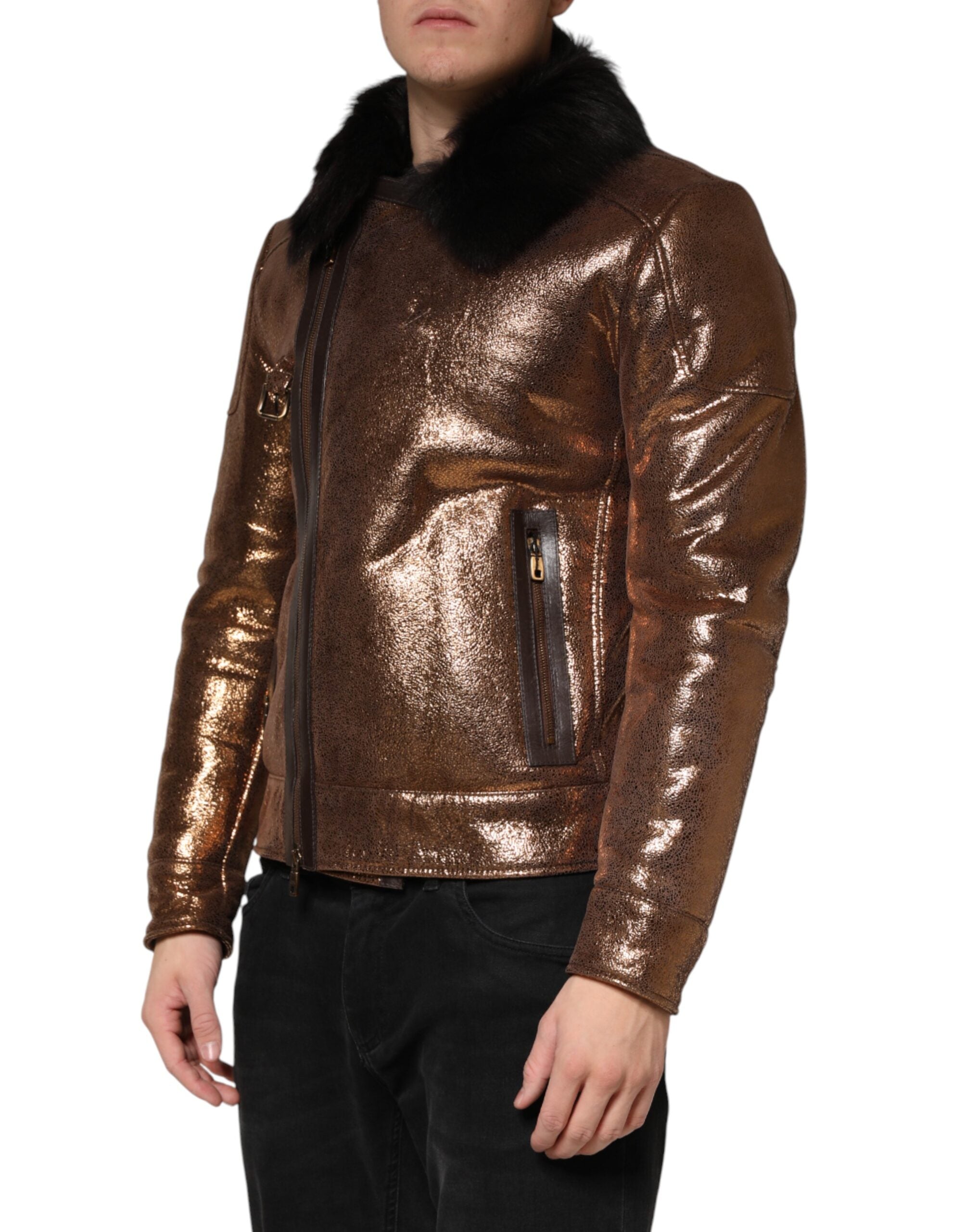 Dolce & Gabbana Herren-Bikerjacke aus Bronze-Leder mit Pelzfutter und durchgehendem Reißverschluss