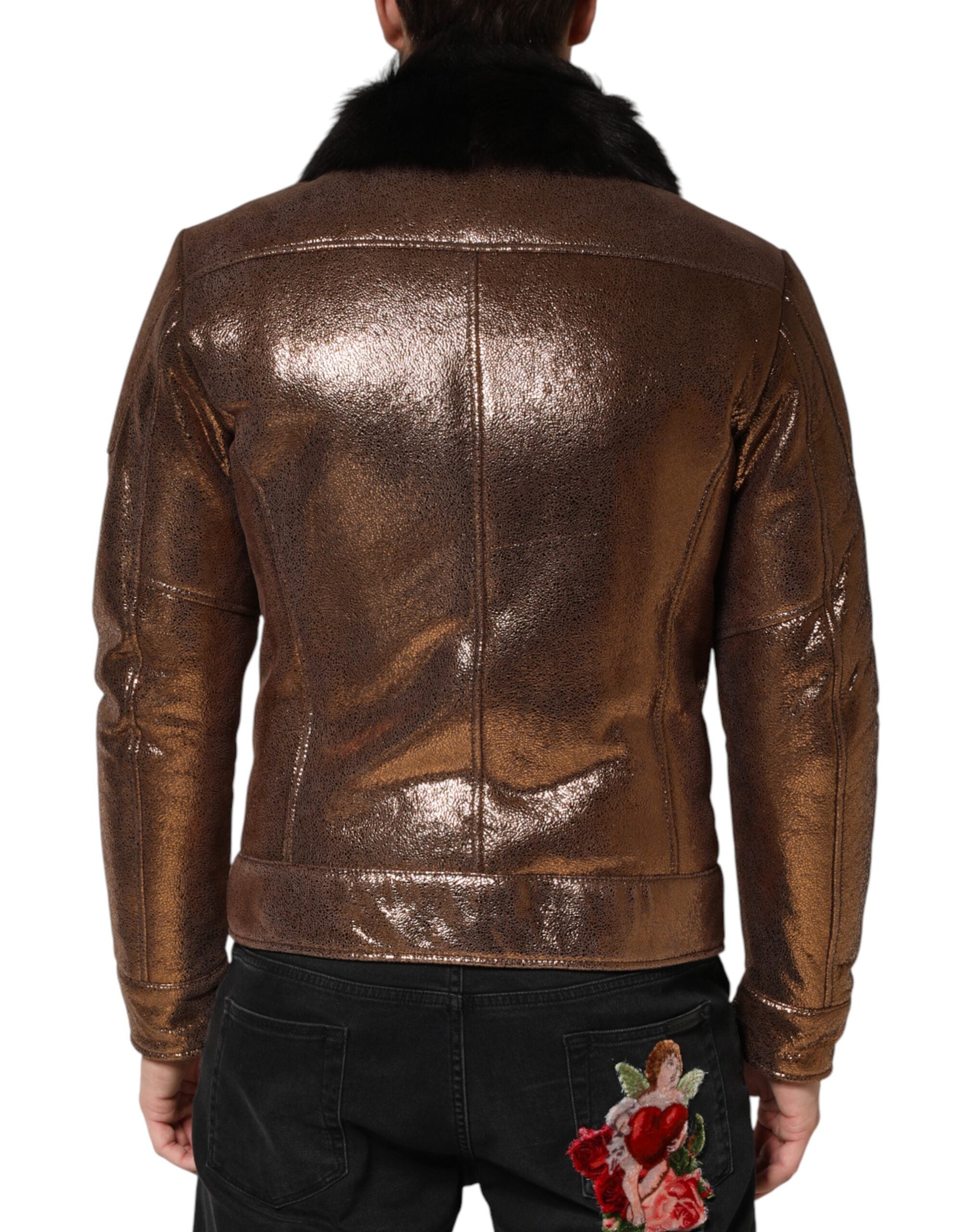 Dolce & Gabbana Herren-Bikerjacke aus Bronze-Leder mit Pelzfutter und durchgehendem Reißverschluss