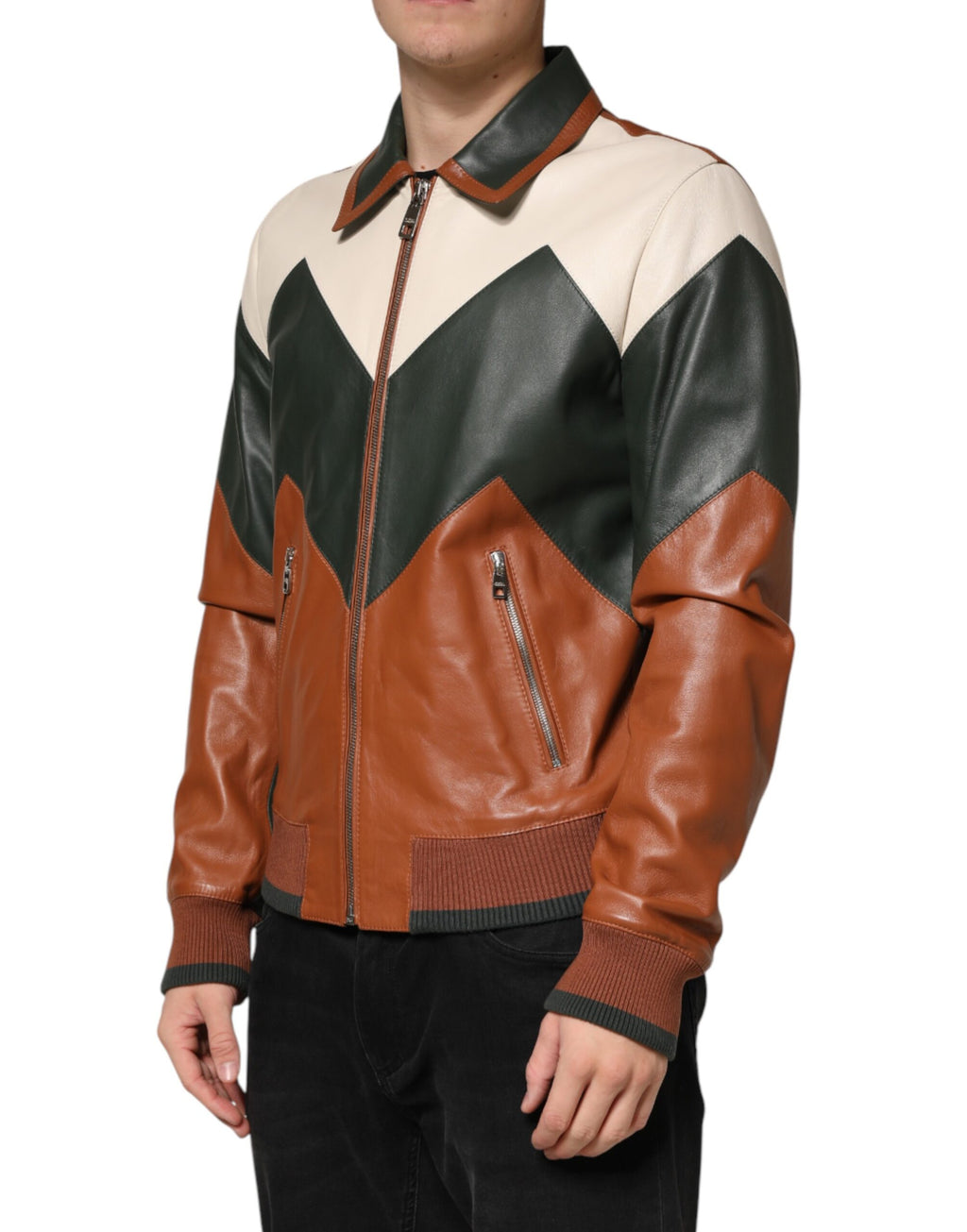 Dolce & Gabbana Mehrfarbige Leder Herren-Bikerjacke mit durchgehendem Reißverschluss