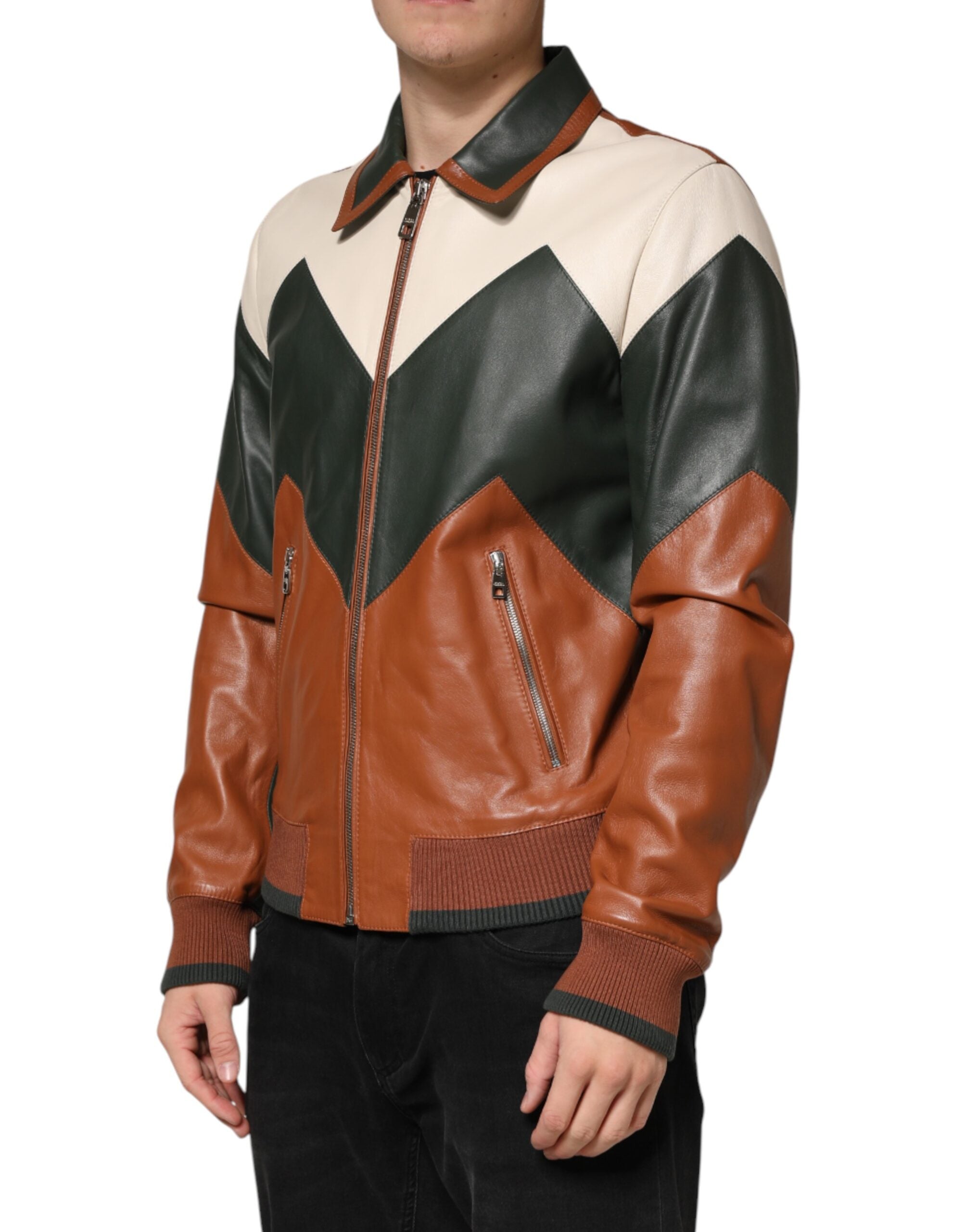 Dolce & Gabbana Mehrfarbige Leder Herren-Bikerjacke mit durchgehendem Reißverschluss