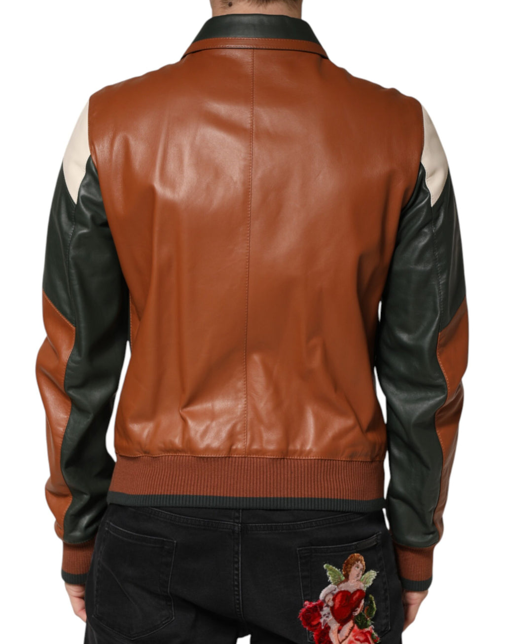Dolce & Gabbana Mehrfarbige Leder Herren-Bikerjacke mit durchgehendem Reißverschluss