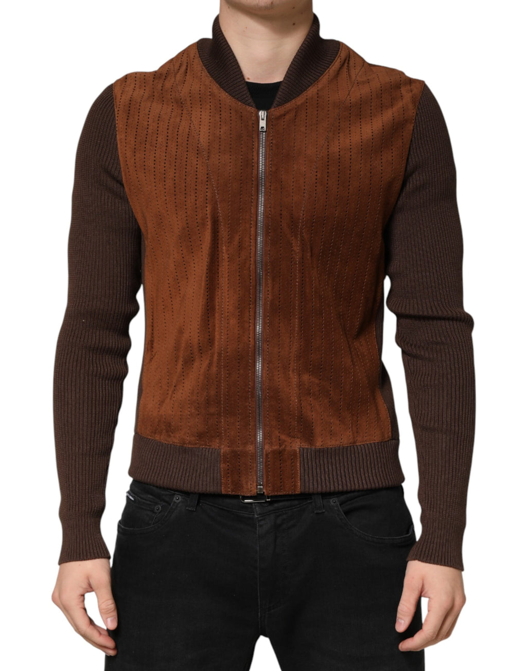 Dolce & Gabbana Brown Suede Calfskin Full Zip Biker Jacket