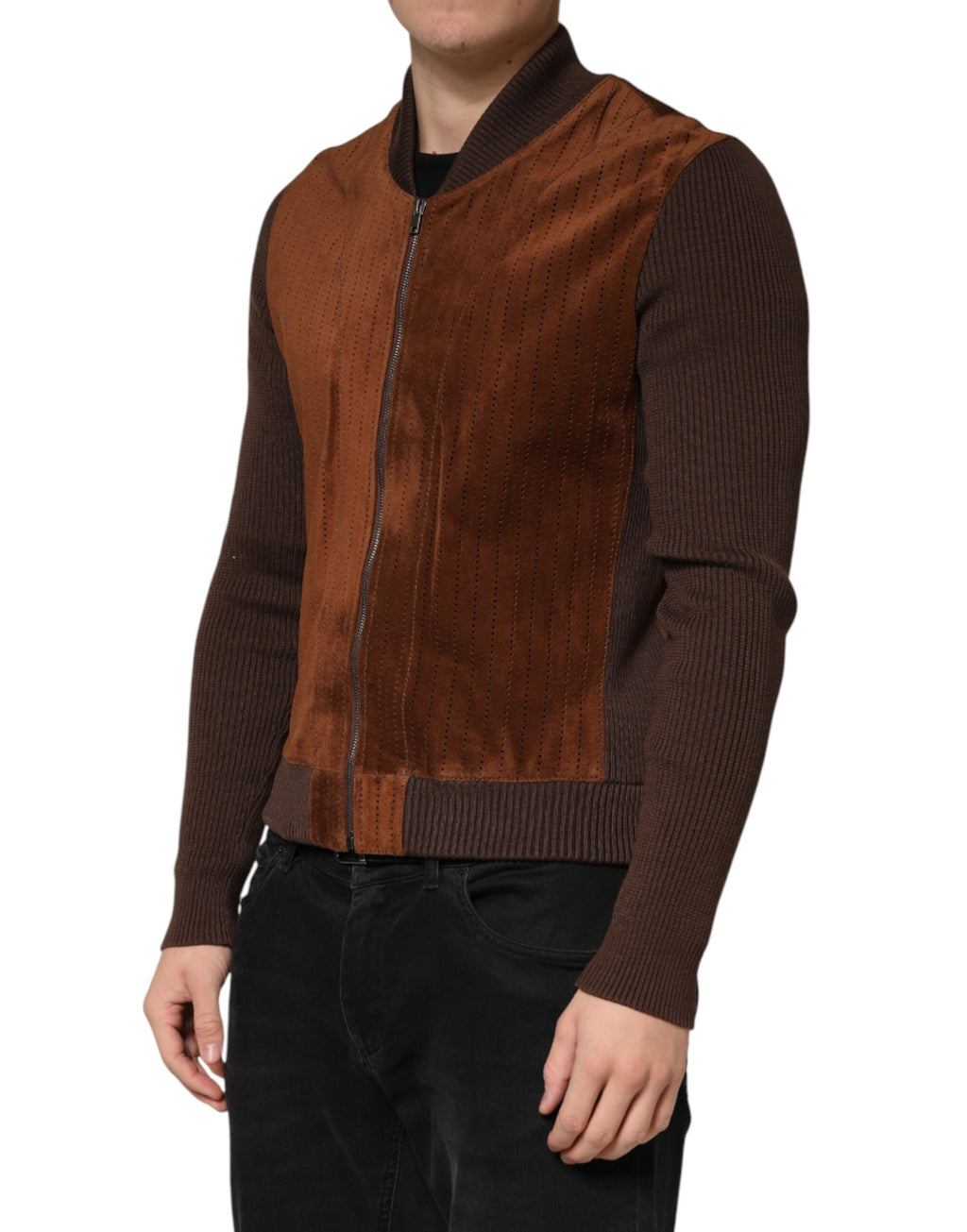 Dolce & Gabbana Brown Suede Calfskin Full Zip Biker Jacket