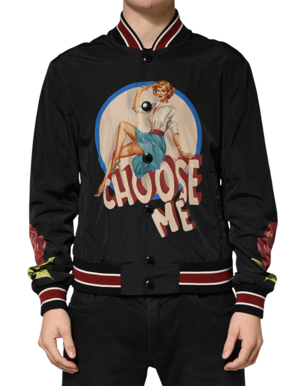 Dolce & Gabbana Schwarze Bomberjacke für Herren mit Pin-Up-Motiv und Knopfleiste