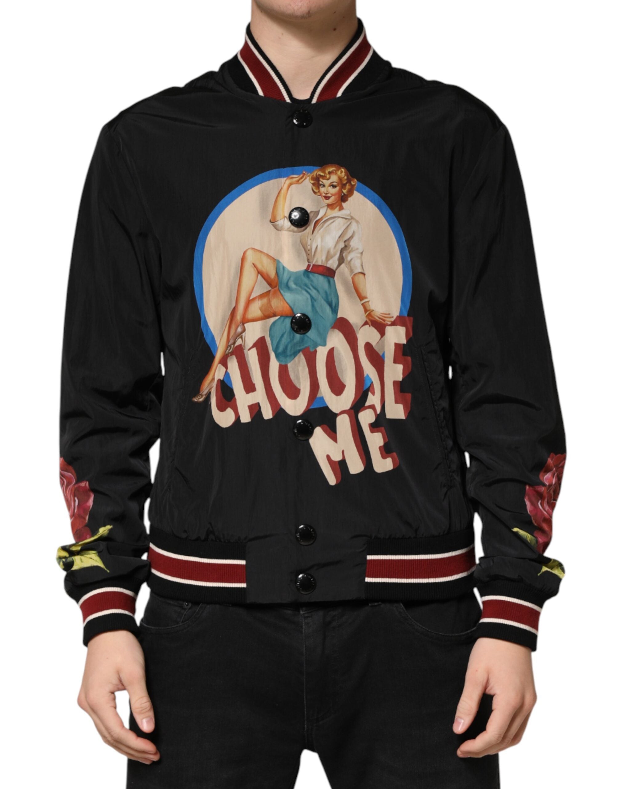 Dolce & Gabbana Schwarze Bomberjacke für Herren mit Pin-Up-Motiv und Knopfleiste