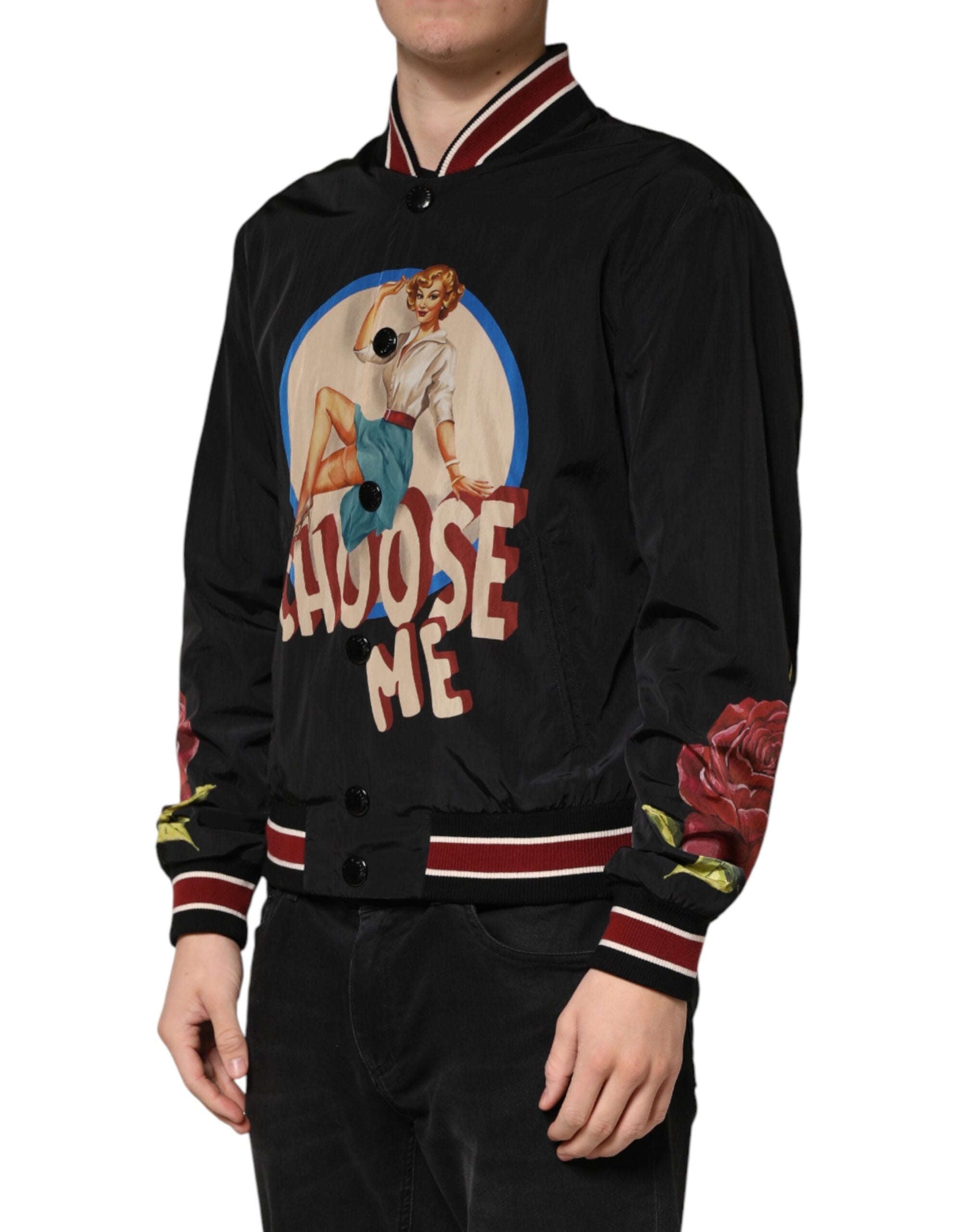 Dolce & Gabbana Schwarze Bomberjacke für Herren mit Pin-Up-Motiv und Knopfleiste