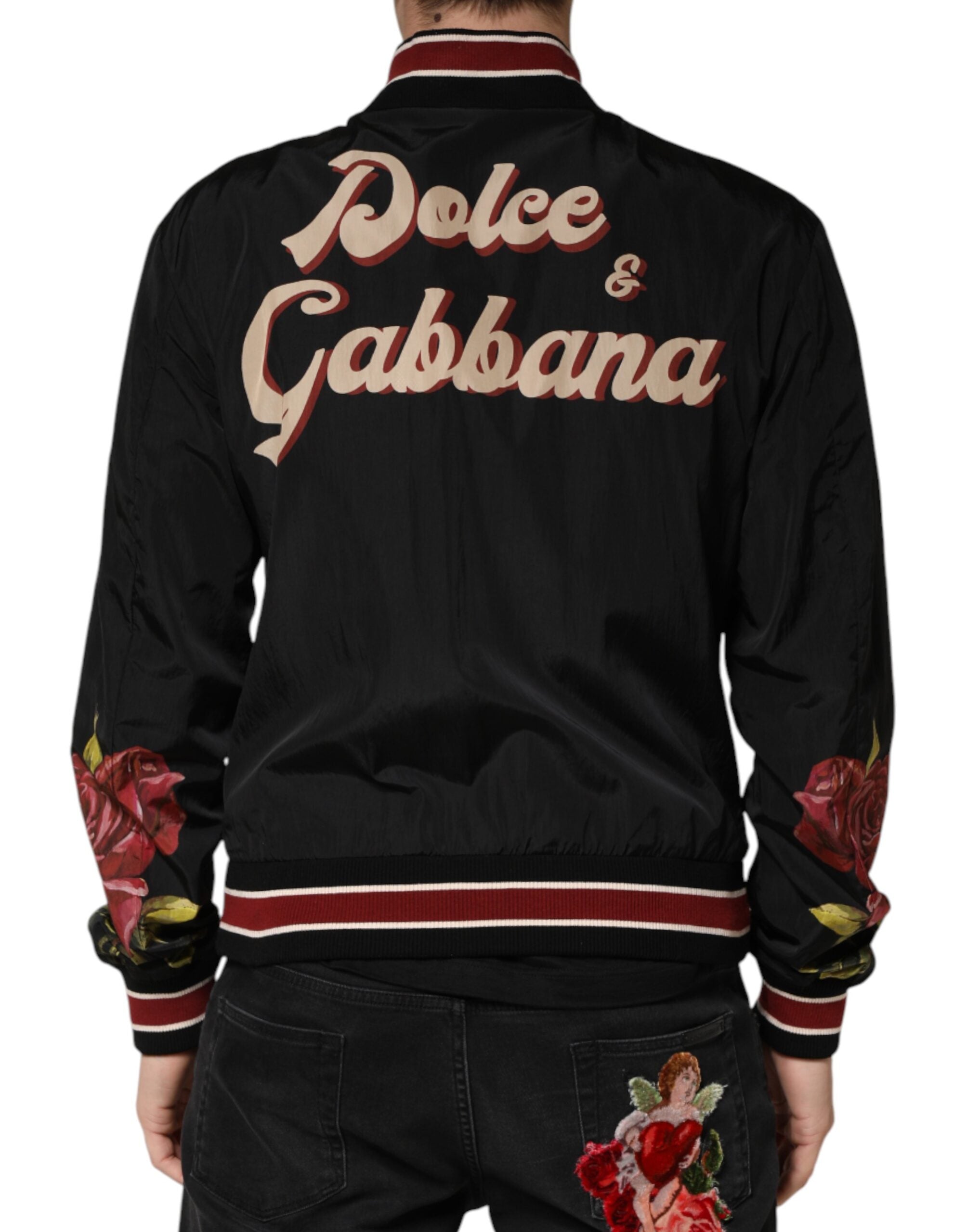 Dolce & Gabbana Schwarze Bomberjacke für Herren mit Pin-Up-Motiv und Knopfleiste